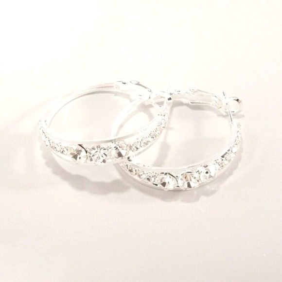 New 925 Silver Sim. Diamond Wide Hoop Earrings - Picture 3 of 4